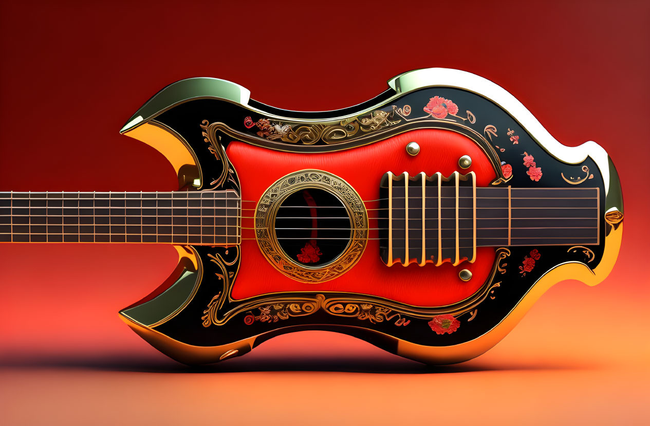 Stylized gold embellished guitar with floral patterns on red background