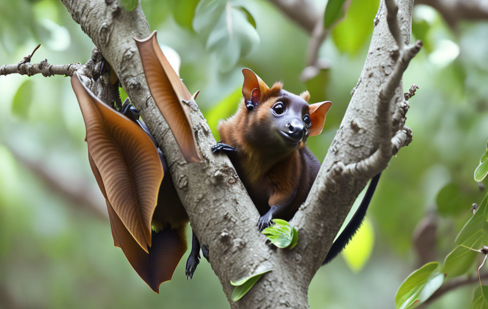 Brown Flying Fox with Orange Fur Clinging to Tree Among Green Leaves