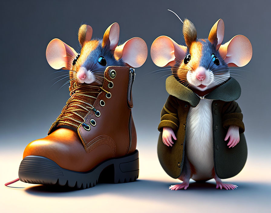 Cartoon mice in human-like clothing next to a large boot