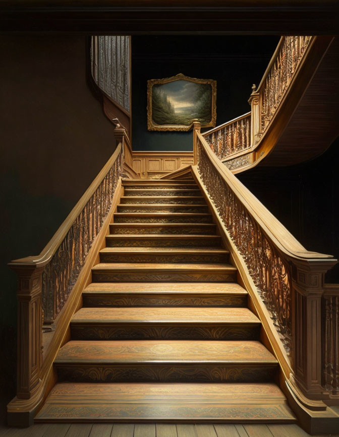 Split wooden staircase with painting at landing