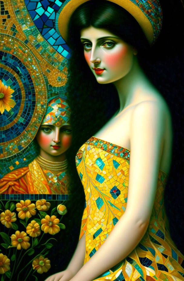 Vibrant digital artwork: Woman with mosaic design and floral elements