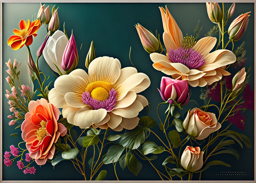 Colorful Floral Arrangement with Cream, Pink, and Orange Flowers on Dark Background