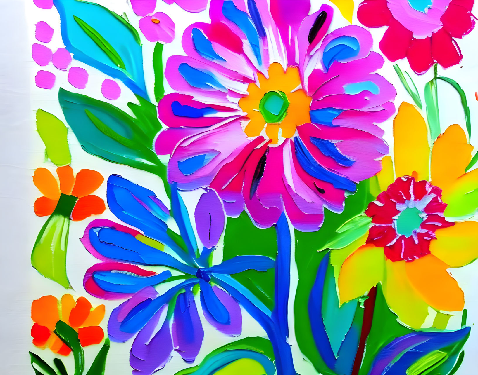 Colorful Abstract Painting with Flowers and Leaves on White Background