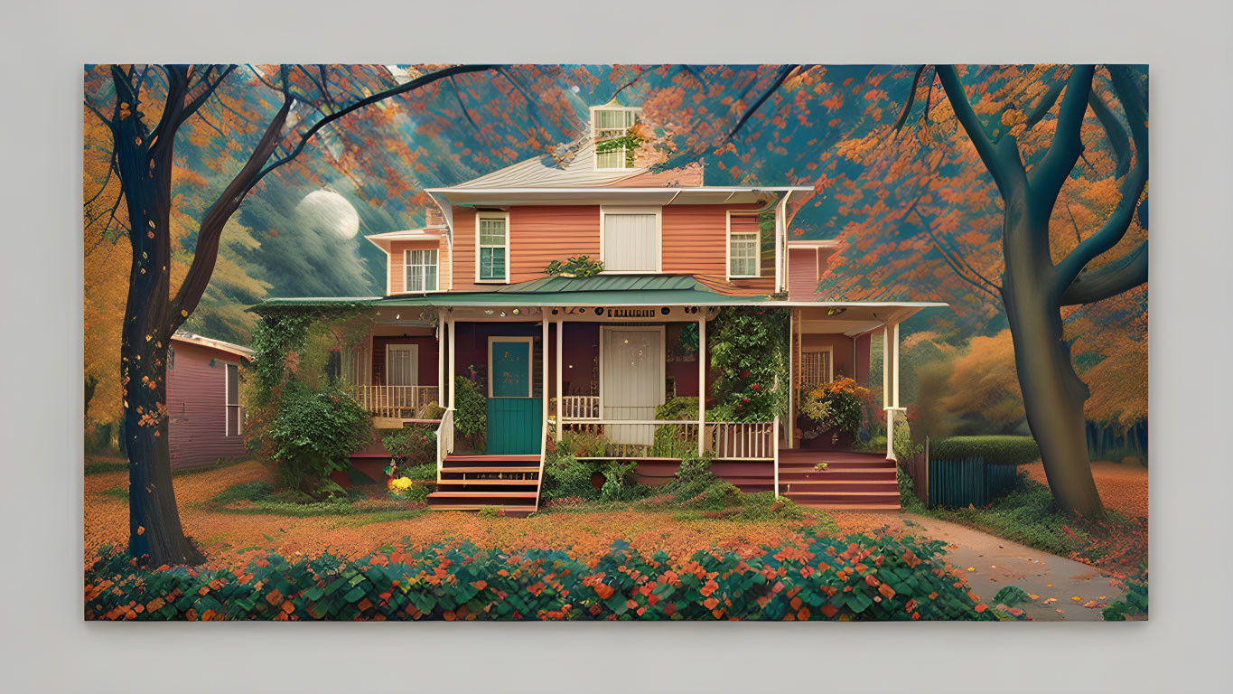 Traditional Two-Story House Surrounded by Autumn Foliage at Dusk