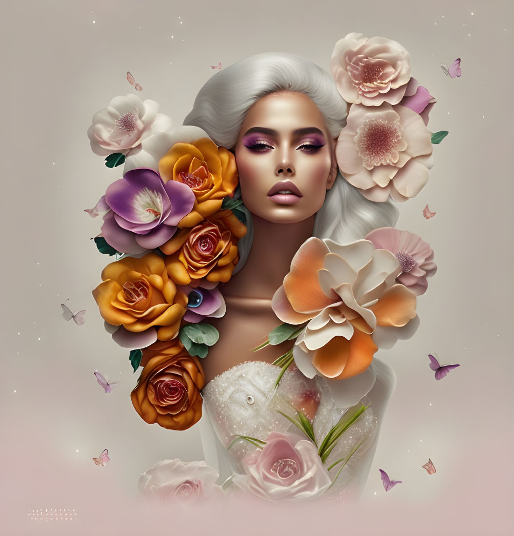 Stylized digital artwork of woman with vibrant flowers and butterflies