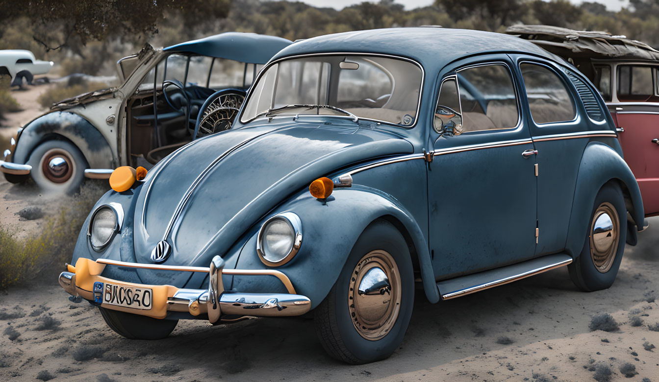 Vintage Blue Volkswagen Beetle Among Classic Cars on Dirt Road