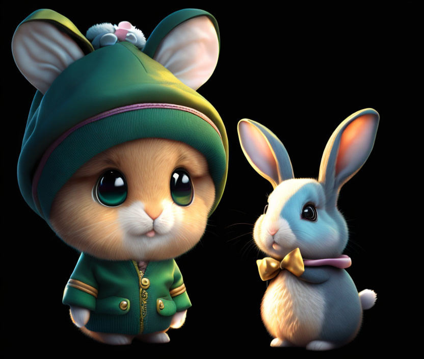 Adorable animated rabbits with unique outfits and expressions