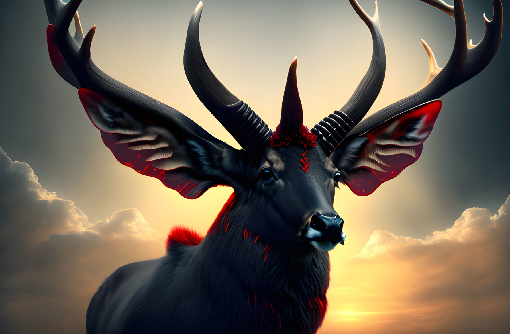 Majestic stag with large ornate antlers in front of glowing red accents and dramatic sky.