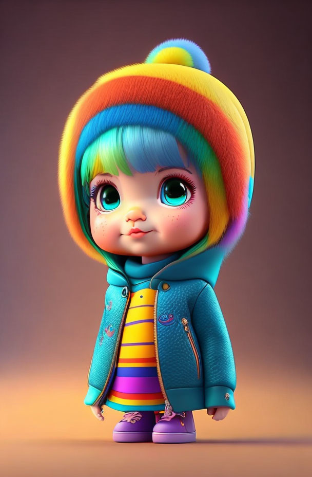 Vibrant 3D doll illustration with rainbow beanie, teal jacket, and purple shoes