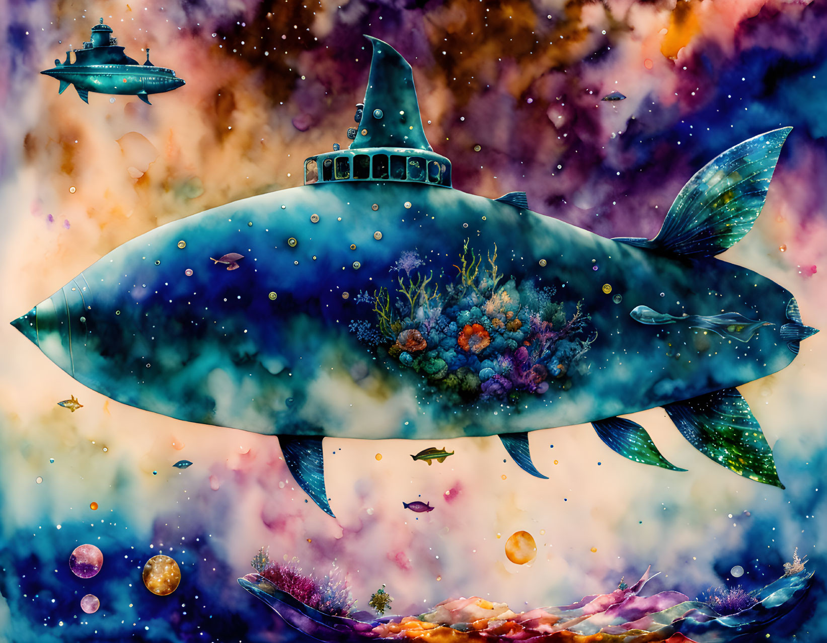 Large Fish with Tower in Colorful Space Setting Surrounded by Planets, Spaceship, and Marine