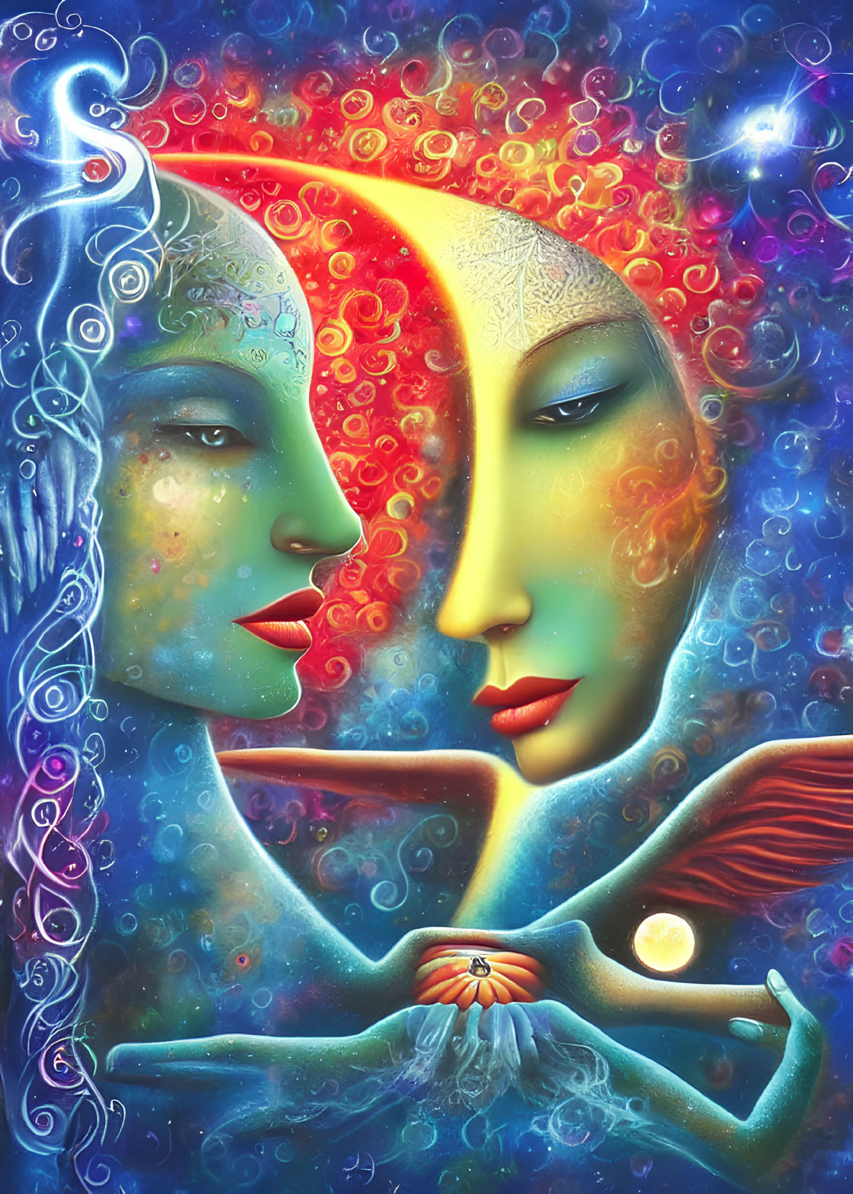 Stylized blue and red profile faces with cosmic and floral elements holding glowing figure