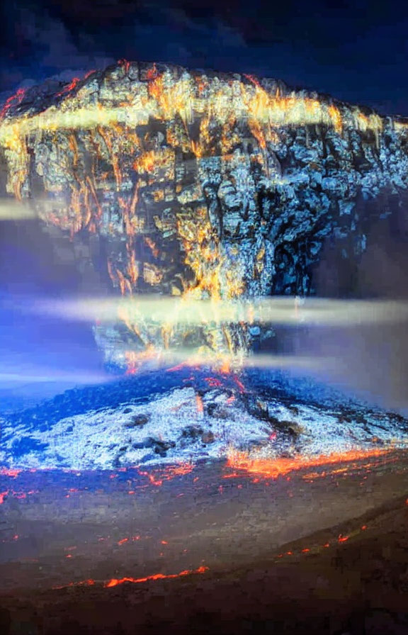 Surreal image: Glowing fiery substance flowing over cliff