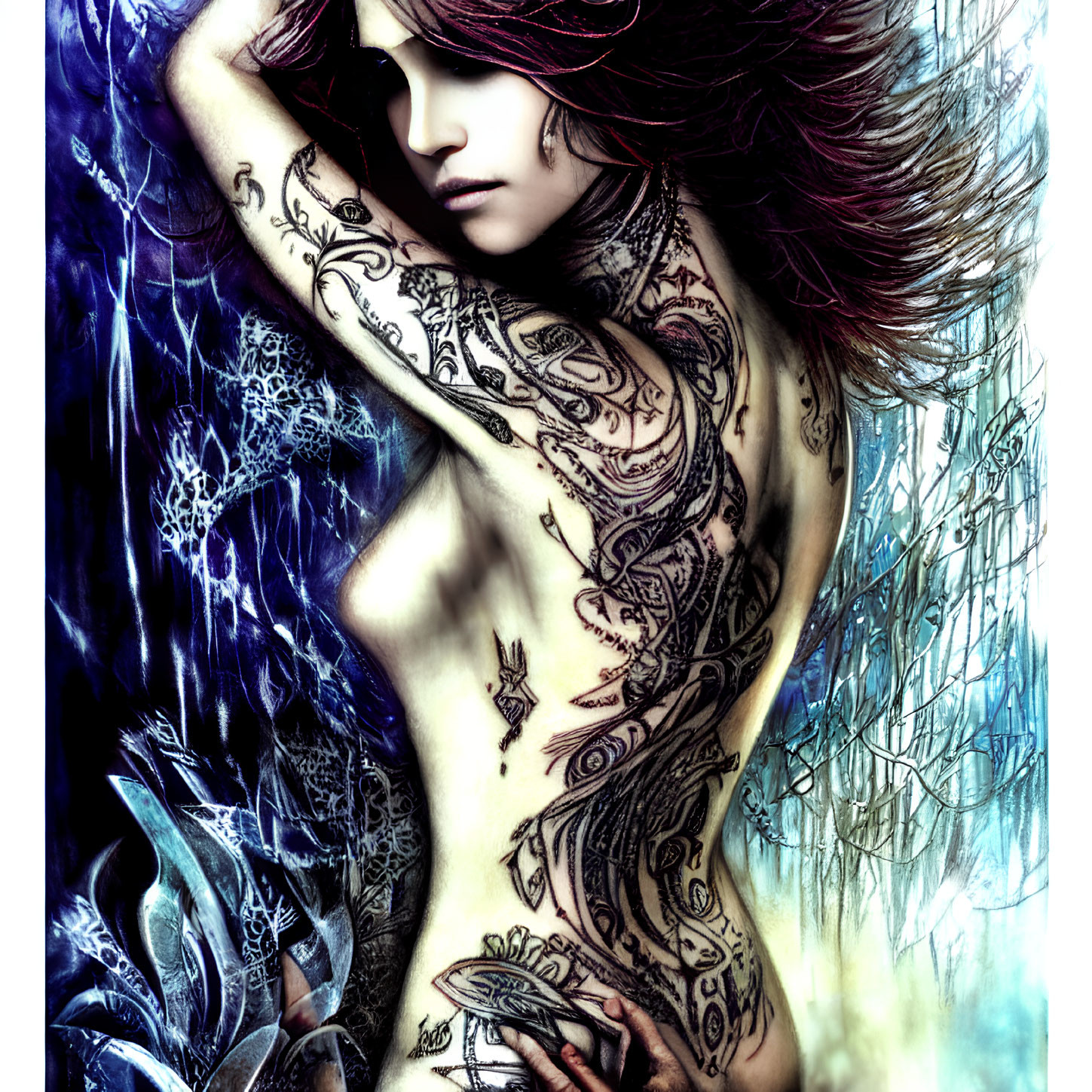 Illustration of person with intricate tattoos and flowing hair on colorful background