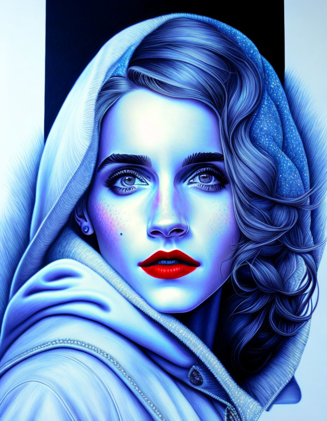 Stylized portrait of woman with blue hues and red lips in hooded cloak