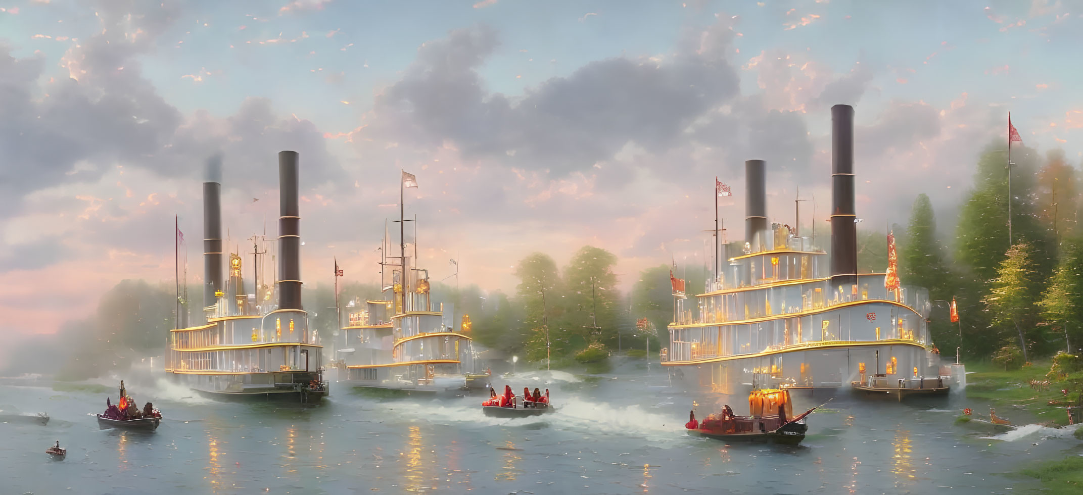 Misty River Scene with Vintage Paddle Steamboats