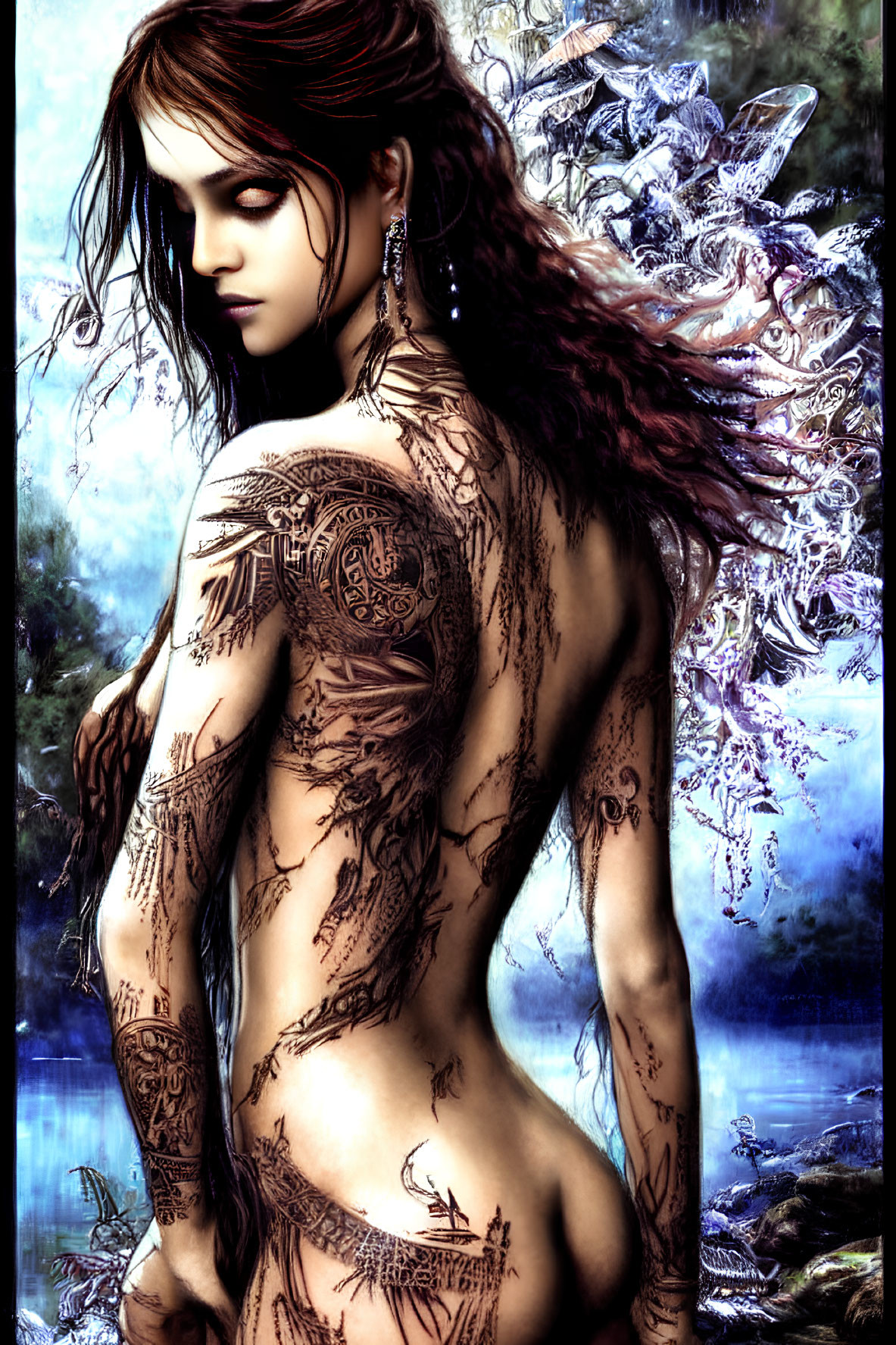 Figure with elaborate tattoos in mystical blue-toned backdrop.