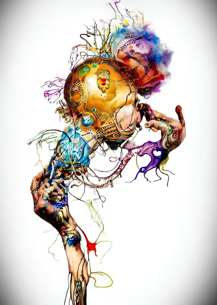 Vibrant surreal artwork: humanoid figure with exploding head tendrils