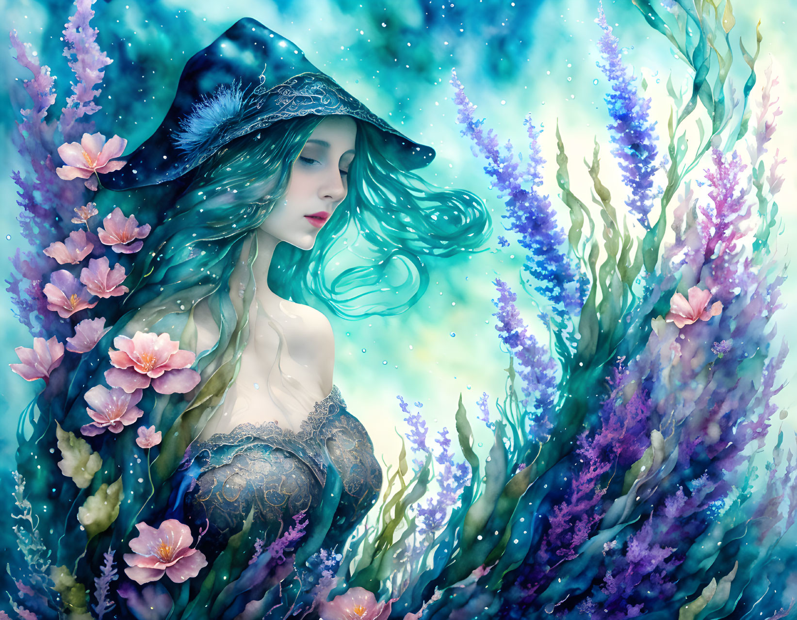 Mystical woman with turquoise hair in black hat among vibrant underwater flora