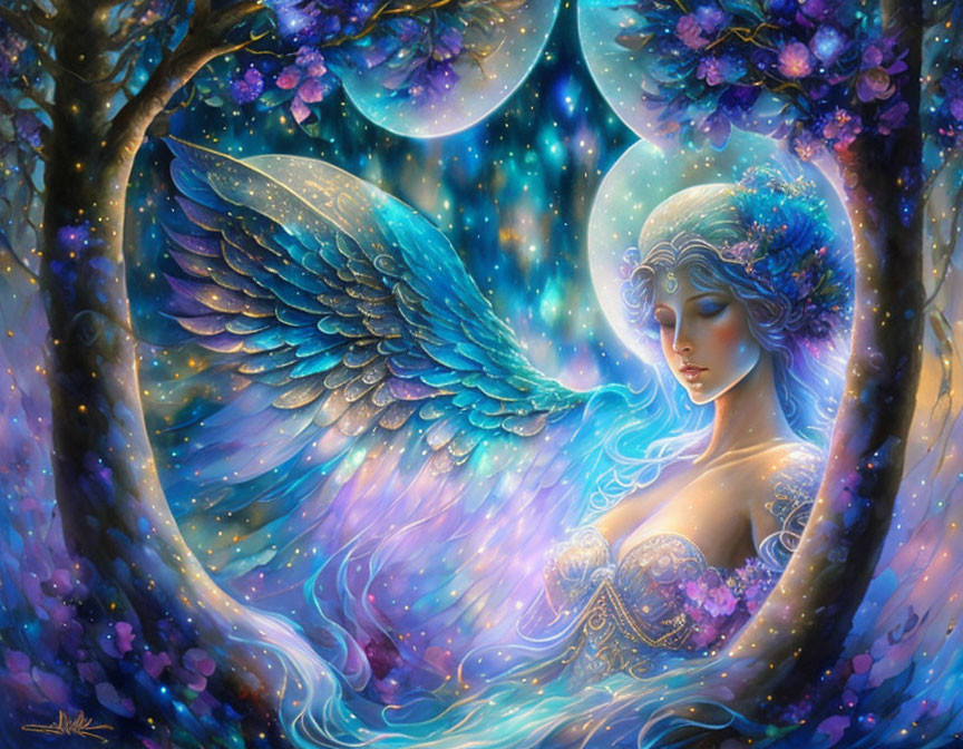 Fantasy illustration of serene woman with angelic wings in enchanted forest.