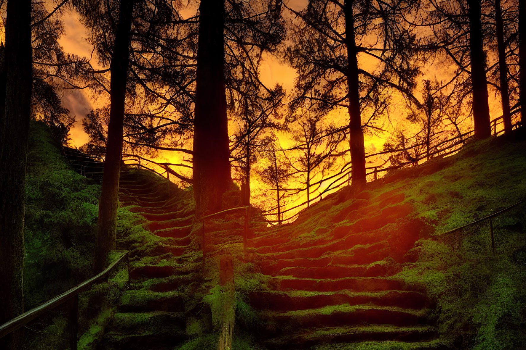 Tranquil forest staircase at sunset with moss and wooden fence