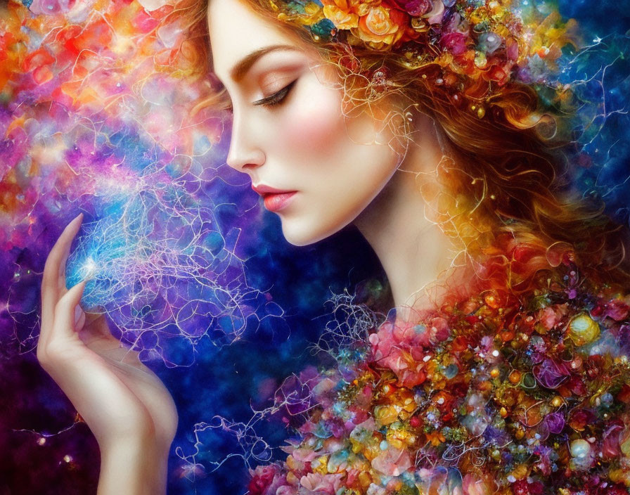 Vibrant floral portrait with mysterious orb in cosmic haze