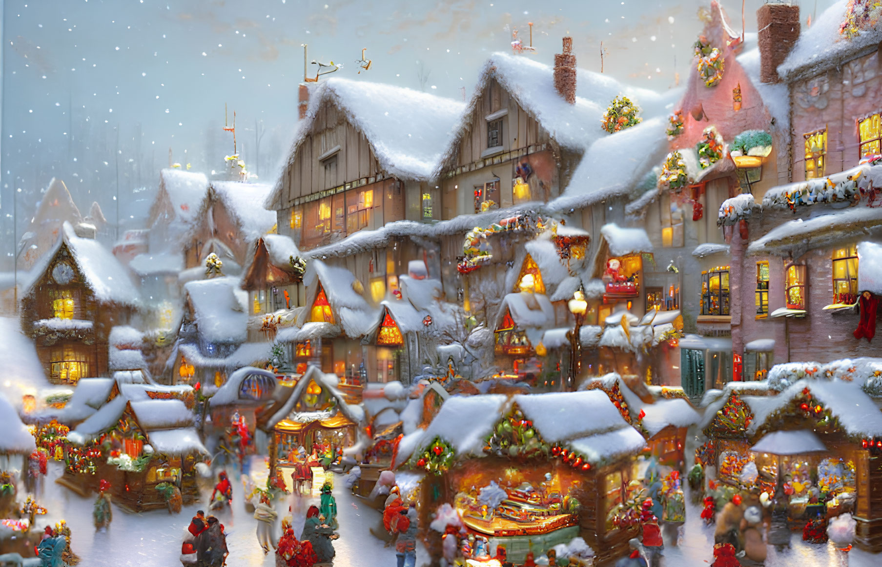 Snowy village adorned with festive decorations and bustling with people under warm lights.