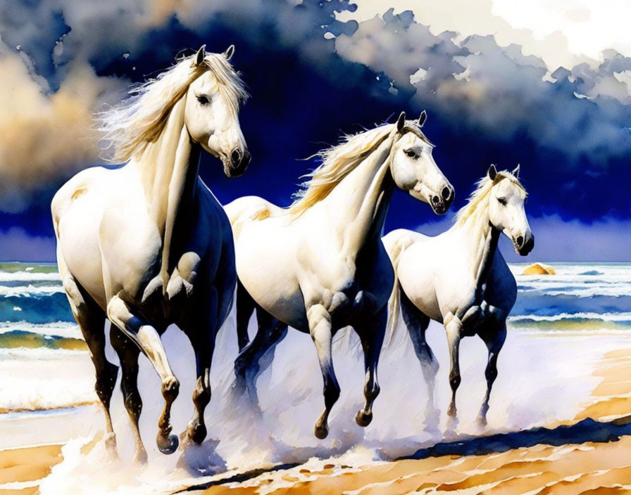 Three White Horses Galloping on Beach with Waves and Blue Sky