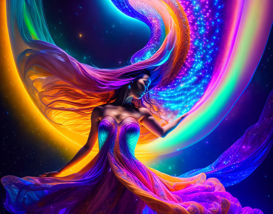 Colorful digital art: Woman with multicolored hair and dress in cosmic setting