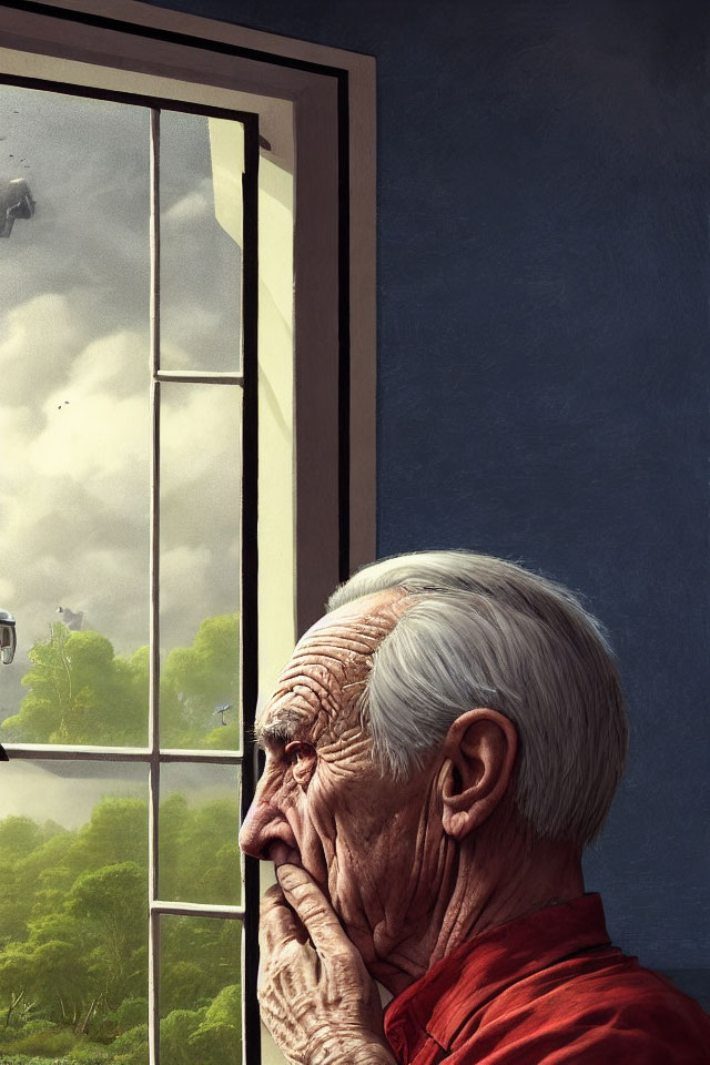 Elderly man with deep wrinkles and white hair looking out of a window