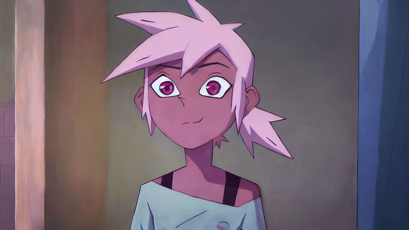 Pink-haired animated character with large purple eyes in a surprised expression, wearing light blue top