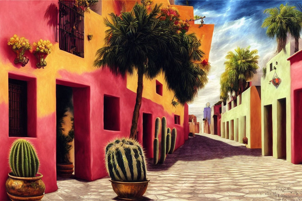 Vibrant red and yellow buildings on cobblestone street with cacti and palm tree