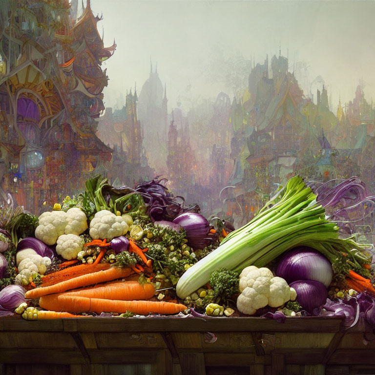 Colorful Fresh Vegetables in Vibrant Fantasy Cityscape