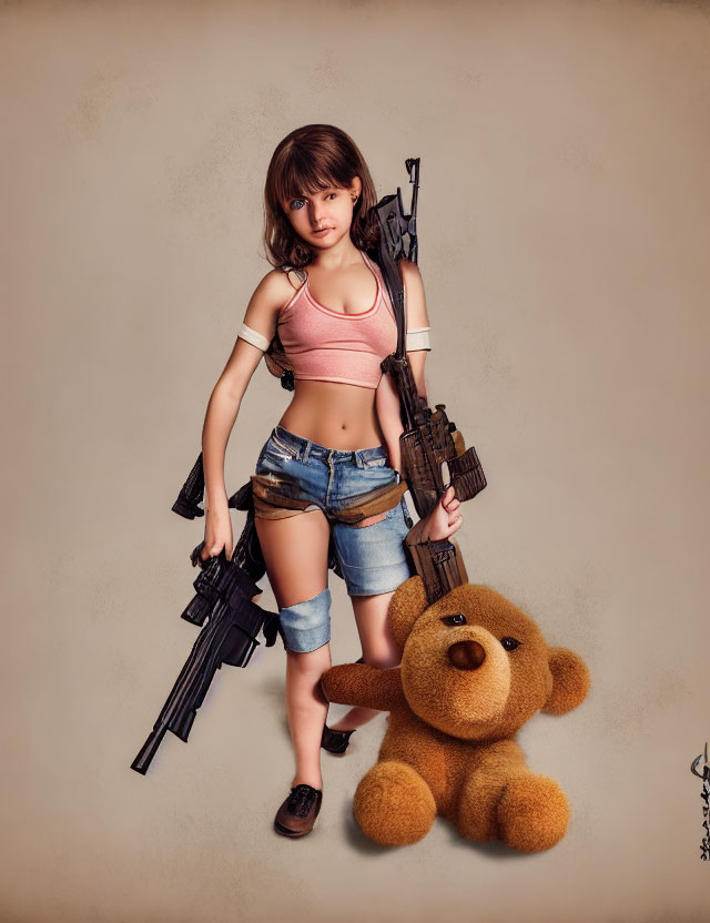 Young woman in cropped top with rifle next to large teddy bear