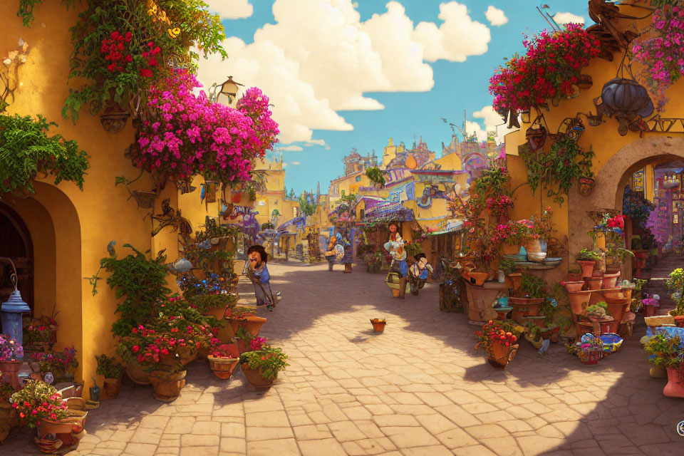 Colorful Street Scene with Buildings, People, Flowers, and Sky