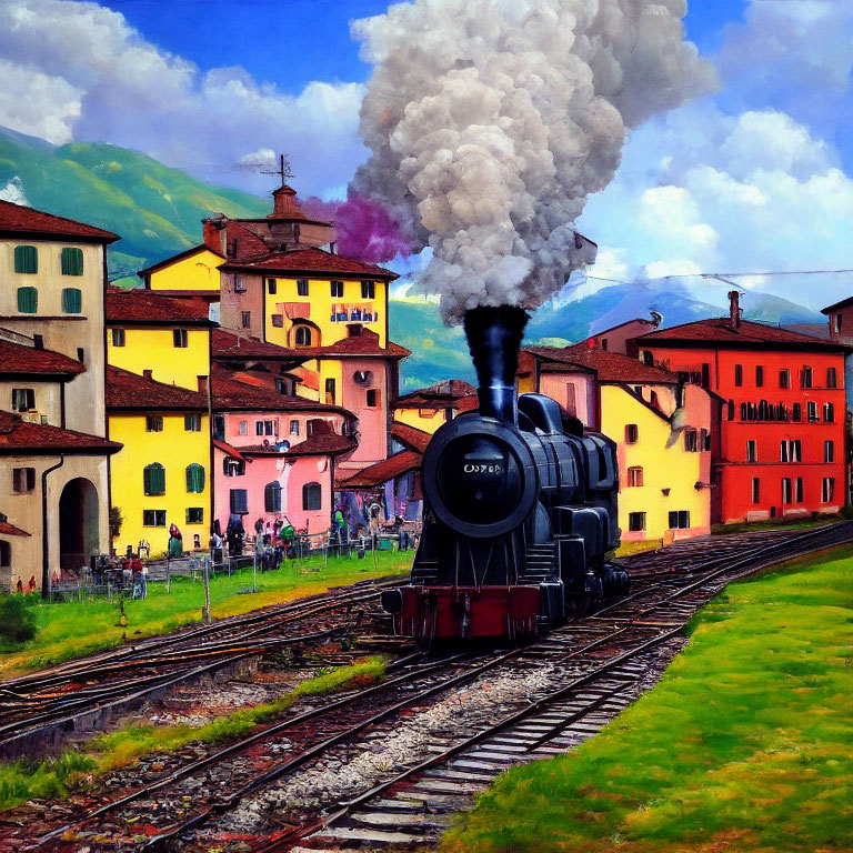 Colorful painting of steam train in quaint town scenery