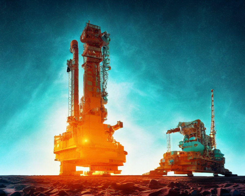 Futuristic drilling rigs on alien terrain under blue sky