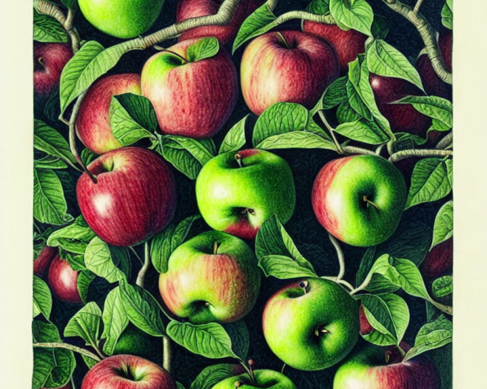 Detailed Illustration of Ripe Red and Green Apples Among Lush Leaves