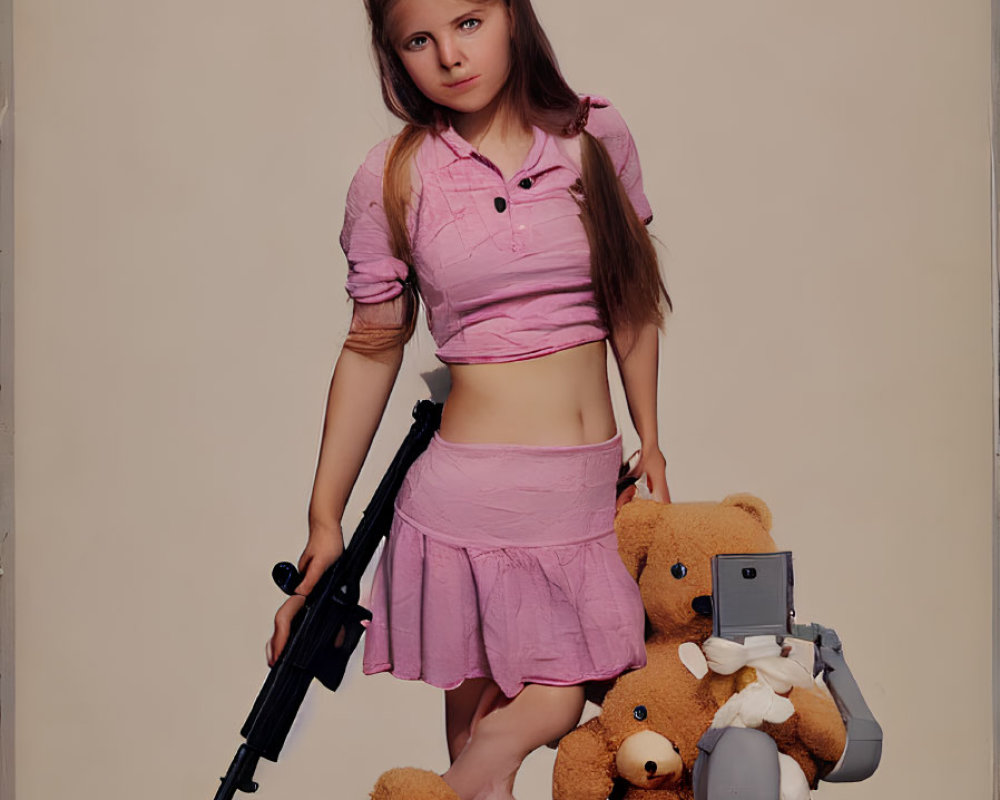 Young girl in pink outfit with rifle and teddy bear holding cell phone.