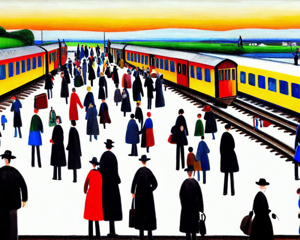 Vibrant painting of bustling train station with colorful trains and crowds.