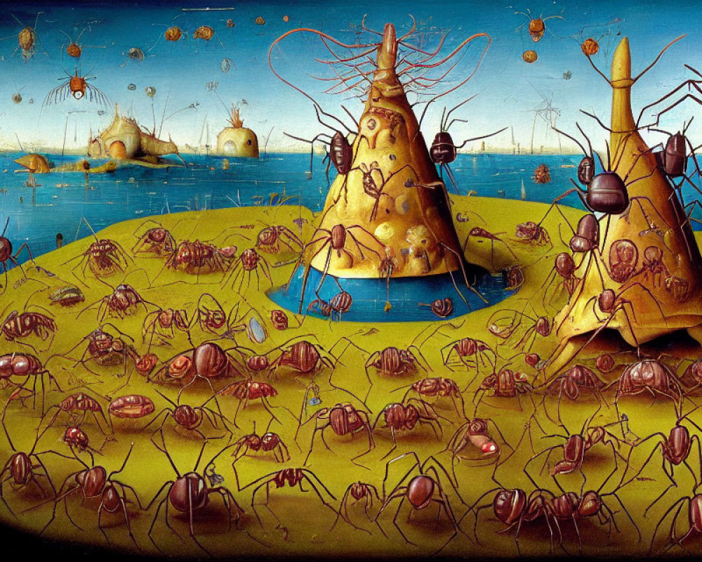 Surreal landscape with ant-like creatures, humanoid faces, beehive structures, and floating orbs