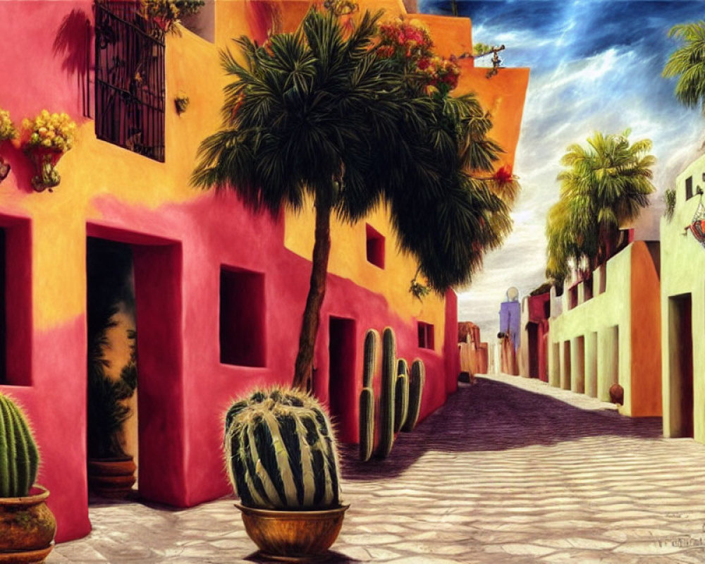 Vibrant red and yellow buildings on cobblestone street with cacti and palm tree