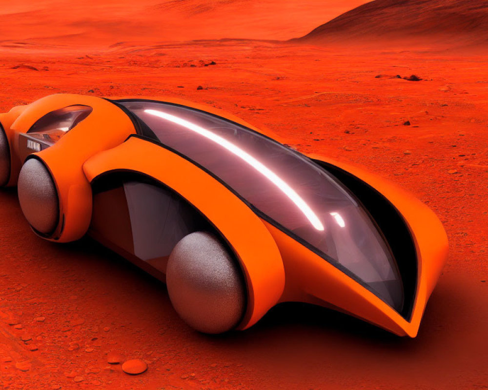 Futuristic orange vehicle on red Mars-like terrain