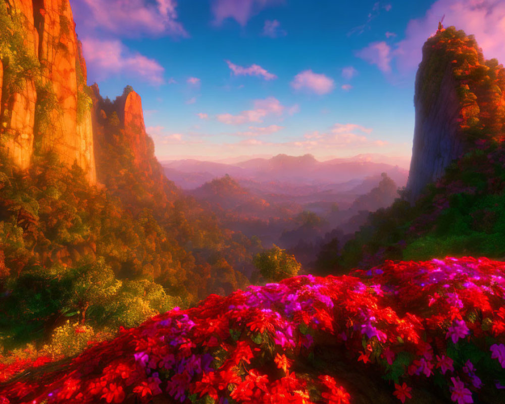 Lush landscape with red flowers, greenery, cliffs, pink and blue sky