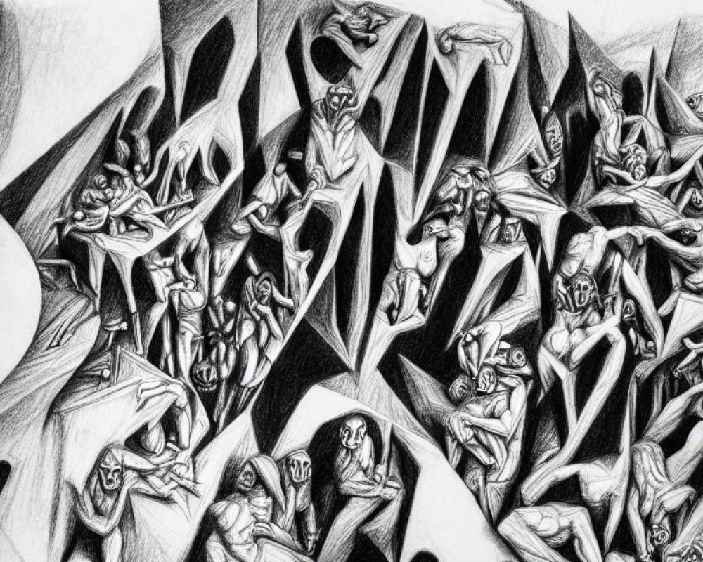 Monochrome pencil drawing of abstracted human figures in dynamic surreal landscape