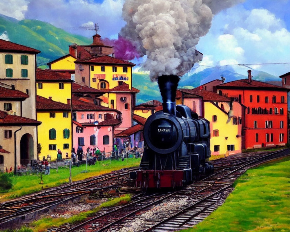 Colorful painting of steam train in quaint town scenery