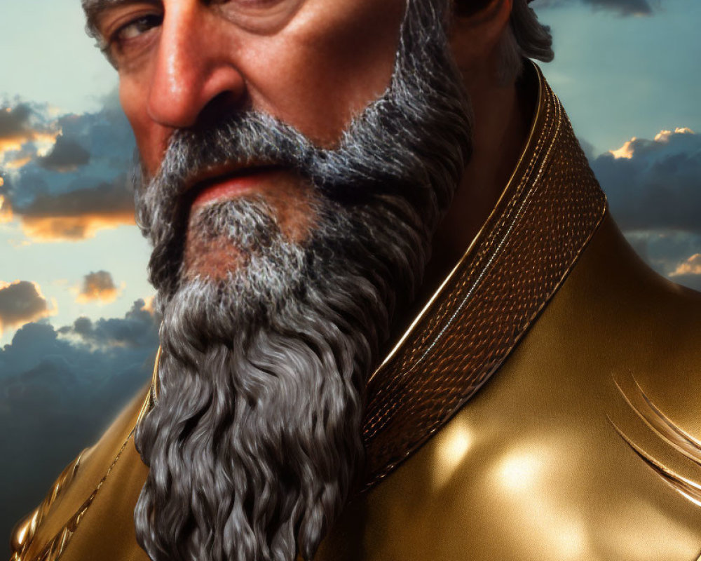 Elderly Man in Golden Armor with White Beard against Cloudy Sky