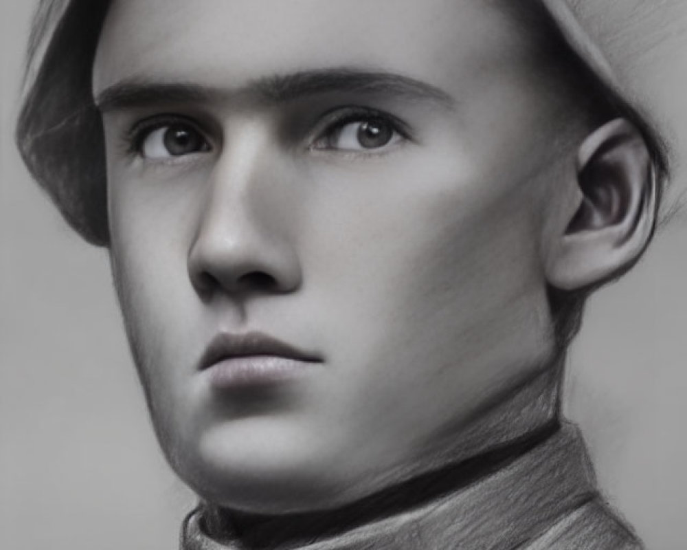 Monochrome portrait of young male in military uniform with peaked cap