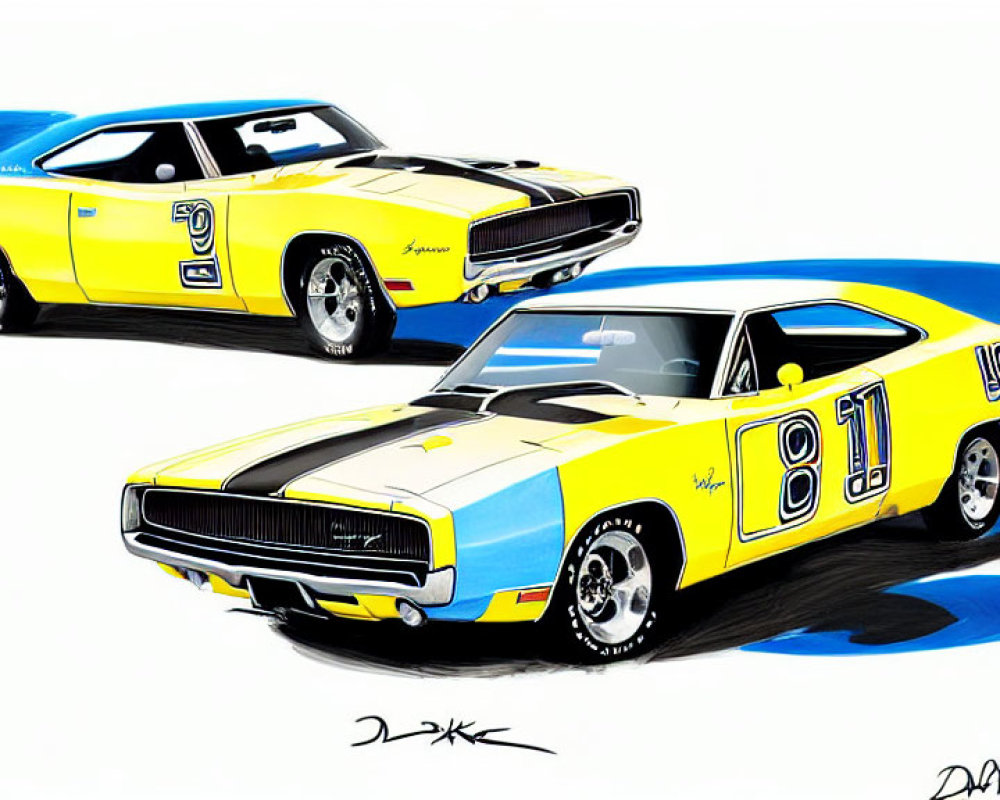 Vintage Dodge Charger Muscle Cars in Yellow and Blue Racing Decals