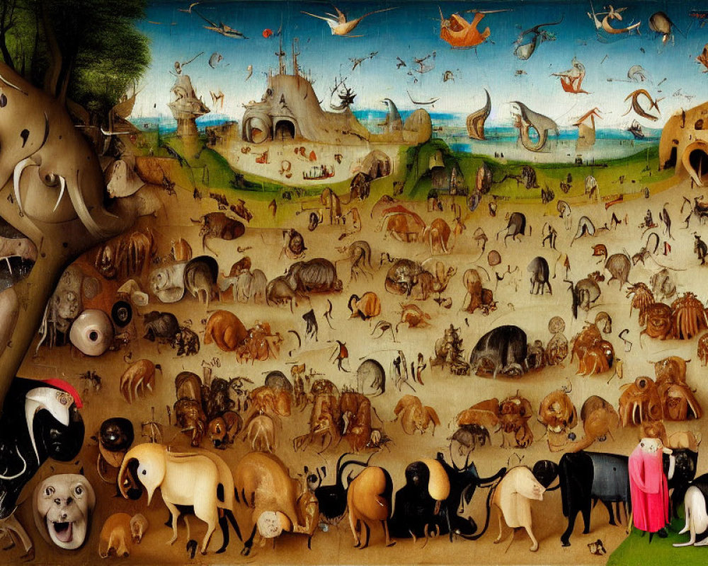 Detailed painting of real and mythological animals on grassy plain