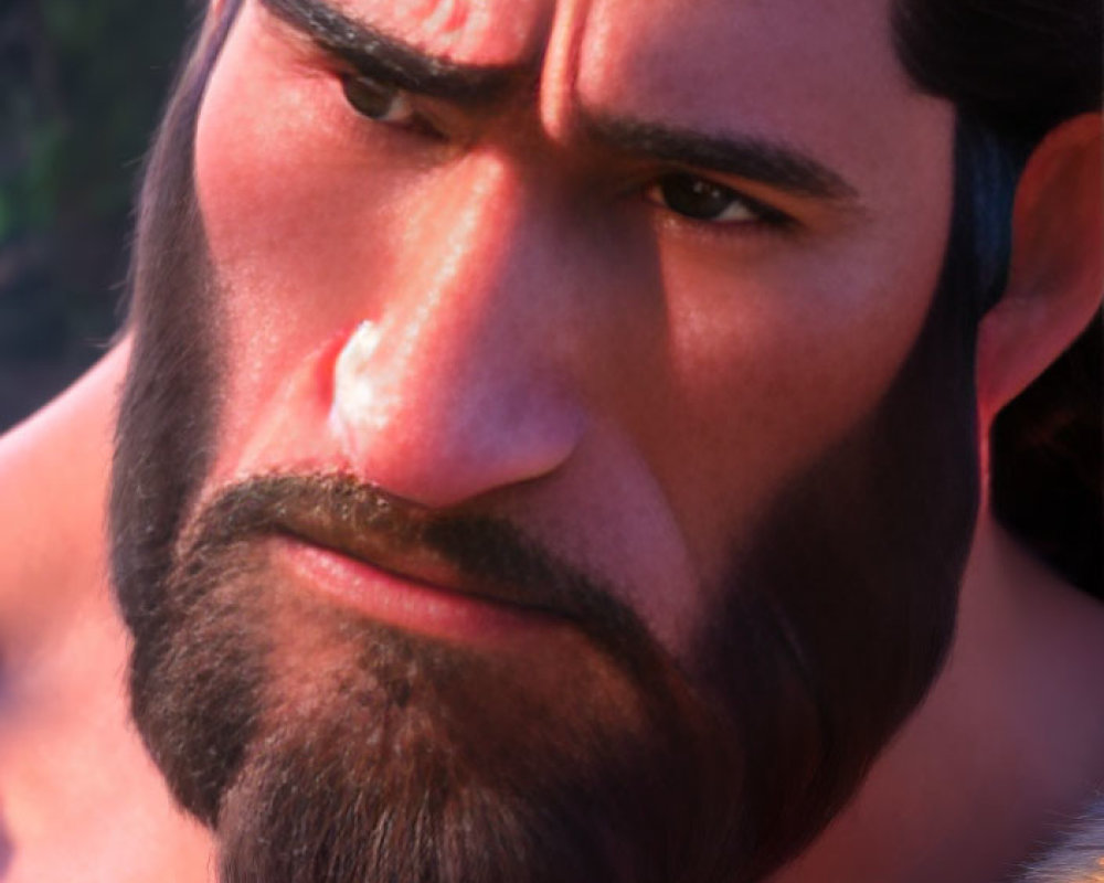 Detailed depiction of stern animated male character with dark beard and fur garment